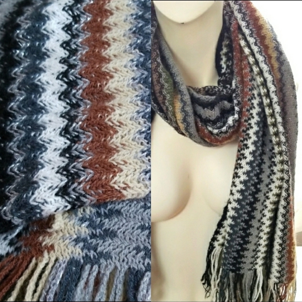Chevron Knit earth tones Brown/Beige/Green and metallic Soft Scarf.